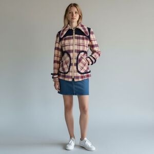 Vintage 70s Beige Plaid Flannel Jacket Brown Sherpa Boho Hippie Size 5/6